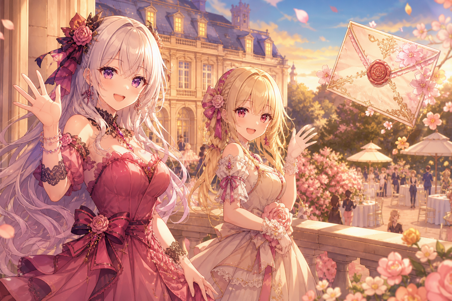 洋館のバルコニーで華やかなドレス姿の2人のVTuber風キャラクターがガーデンパーティーを迎えるアニメ調イラスト。祝電の封筒モチーフが浮かぶ