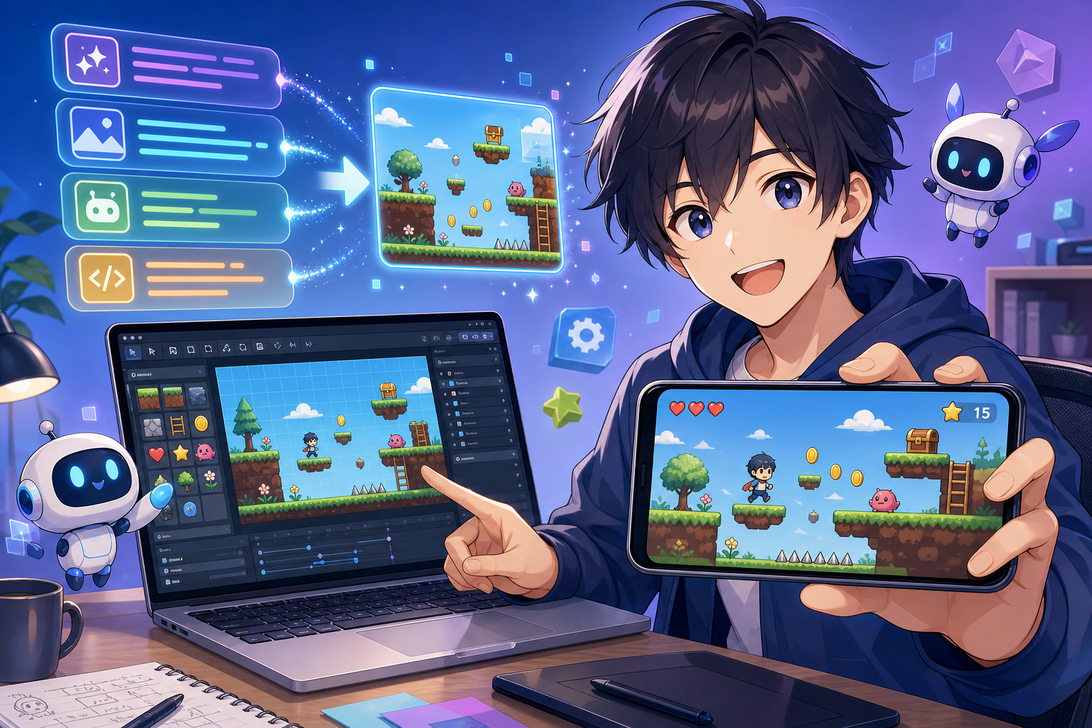 スマートフォンとノートPCでカラフルな2Dゲームが組み上がる様子を眺める、ゲームクリエイターのアニメ調イラスト