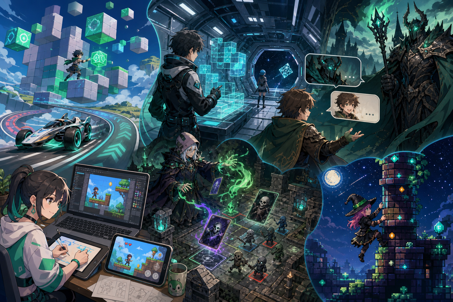 浮遊する3Dパズル世界、SFステーションの謎解き、ボスとのチャット吹き出し、闇魔法のカードバトル、スマホで組むカジュアルゲーム、星明かりの塔を登る魔女が一週間のAIゲームニュースとして並ぶアニメ調キービジュアル