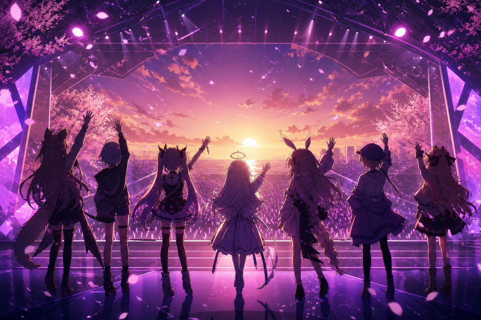 紫とマゼンタのネオンに照らされたバーチャルホールのステージで、VTuber風のアバターたちが夕暮れの光の中で手を振る、切なくも希望のあるアニメ調イラスト