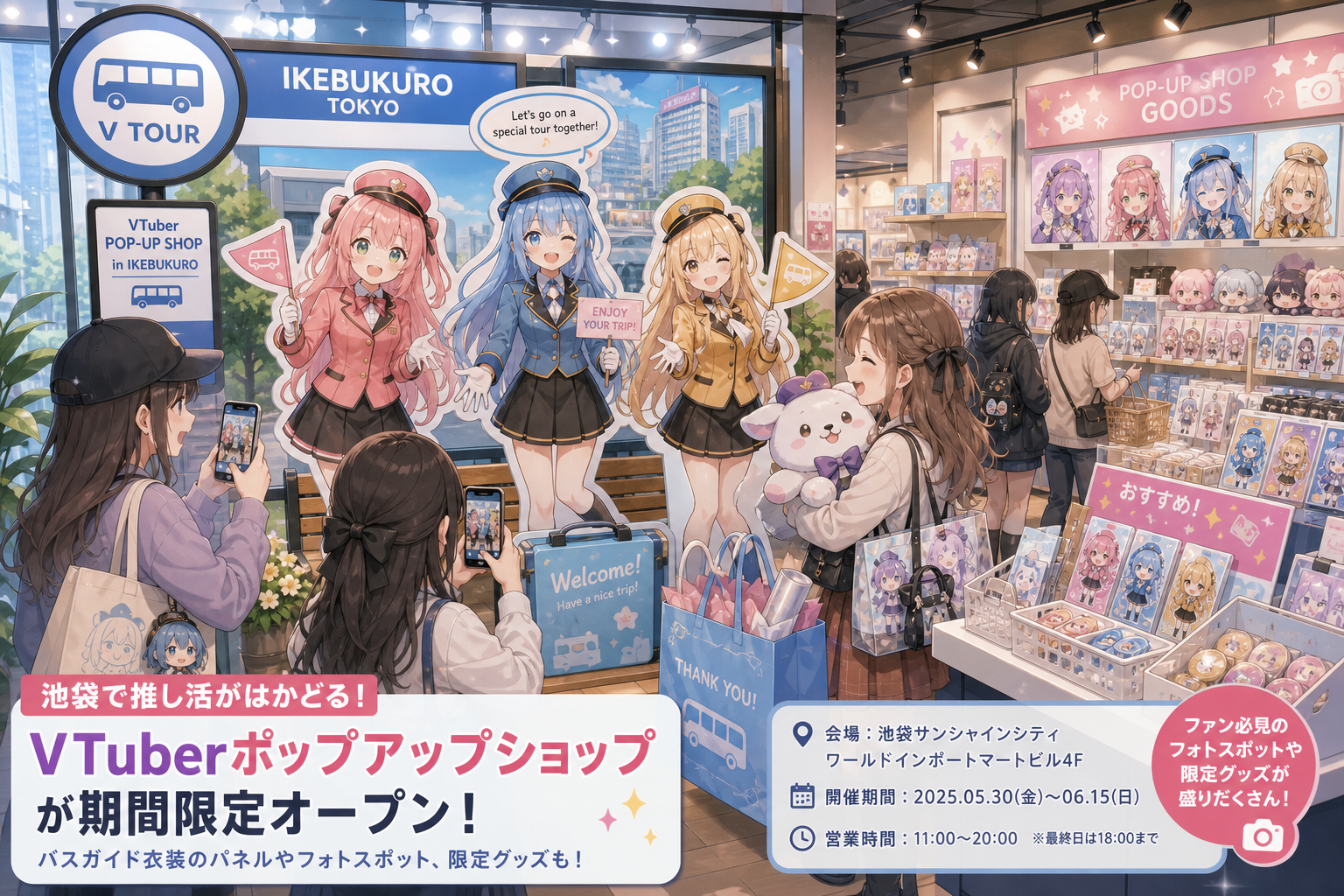 池袋のポップアップショップ内で、バスガイド風パネルとバス停モチーフの撮影スポットを楽しむファンを描いたアニメ調イラスト