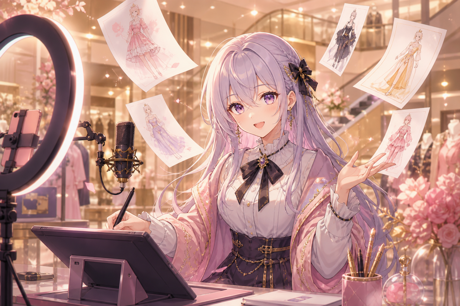 配信デスクでファッションスケッチが舞うバーチャルイラストレーターと、百貨店らしい上品な照明を背景にしたアニメ調イラスト