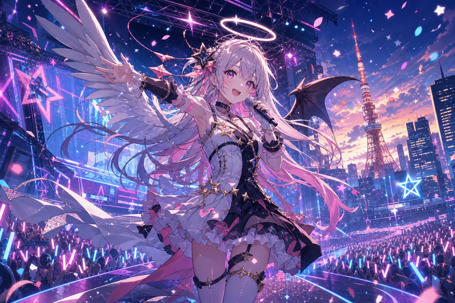 星屑が舞うネオンステージで歌う翼のあるバーチャルシンガーと、ピンクとシアンの光が交差するアニメ調コンサートイラスト