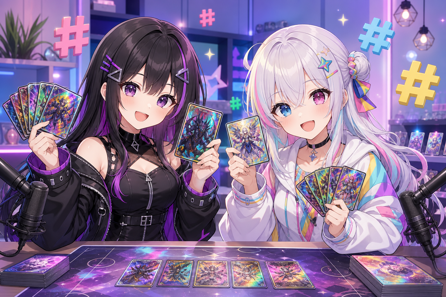 虹色のトレーディングカードを手にしたアニメ調VTuber司会者が、配信スタジオでカードゲームを紹介するイラスト