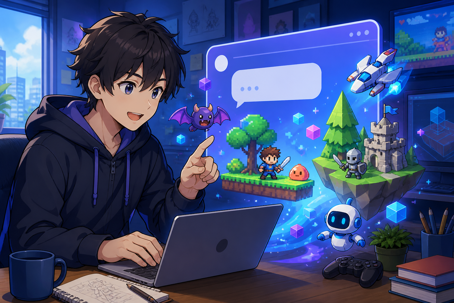 ノートPCのチャット画面からカラフルな2D・3Dゲーム要素が飛び出す様子を描いた、AIゲーム制作をイメージしたアニメ調イラスト